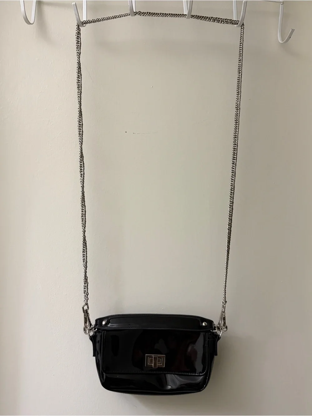 Steve Madden Black Patent Crossbody with Silver Chain